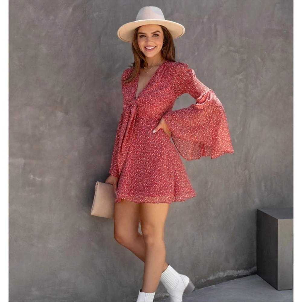 Vici Pink Bell Sleeve Wrap Sundress for Night Out - Picture 5 of 6